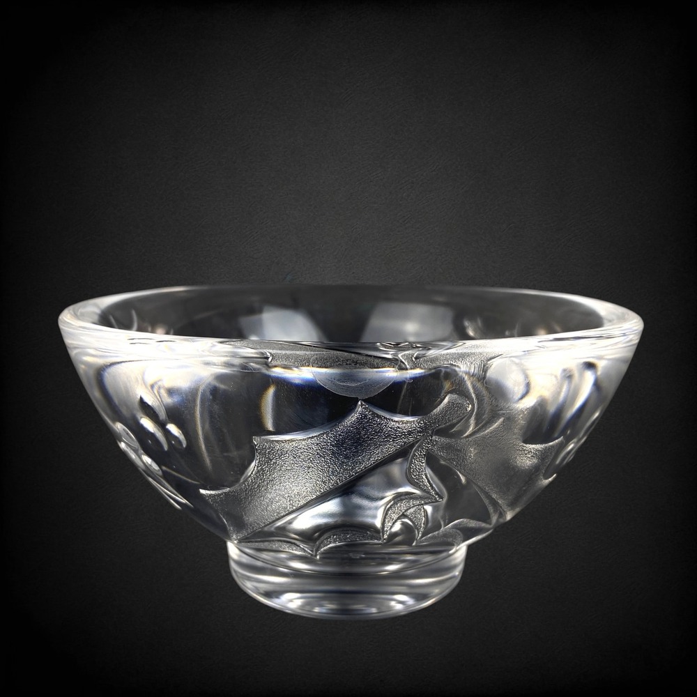 Orrefors Holly Day Crystal Bowl Christmas Candy Dish 6" Sweden 2000s